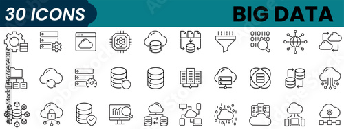 Many different icons for big data related to data center, database, hosting displayed together. Linear icon collection. Editable stroke. Vector illustration