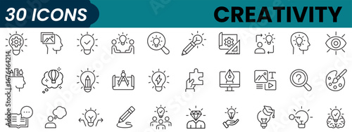 Set of 30 outline icons related to creativity, imagination, innovation, inspiration, originality. Linear icon collection. Editable stroke. Vector illustration