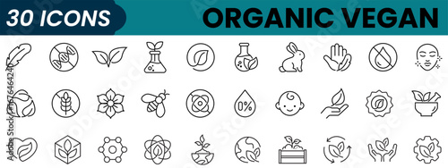 Many different icons for organic vegan  displayed together. Linear icon collection. Editable stroke. Vector illustration