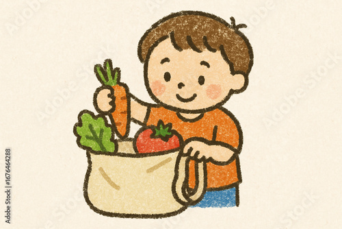 Crayon illustration of a boy putting vegetables into a cloth bag