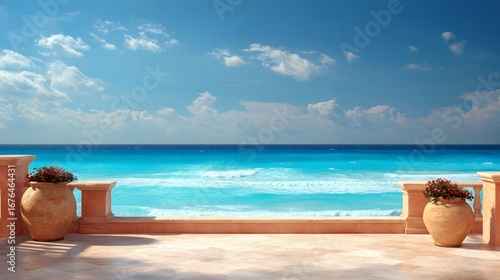 A tranquil beachfront patio boasts a breathtaking view of a vibrant turquoise ocean under a sunny sky.