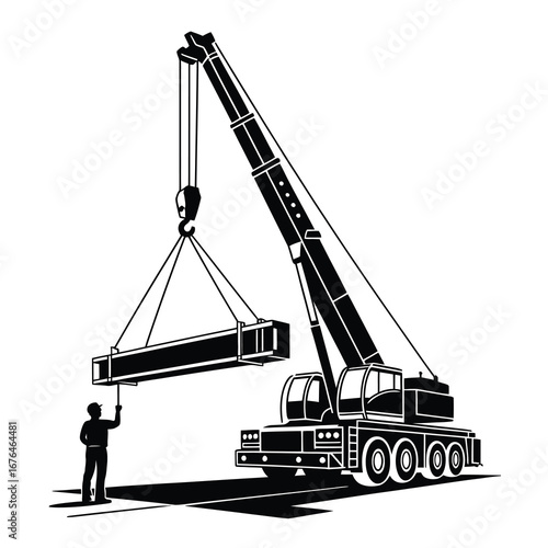 Powerful mobile crane lifting heavy steel beam guided by worker construction site heavy machinery