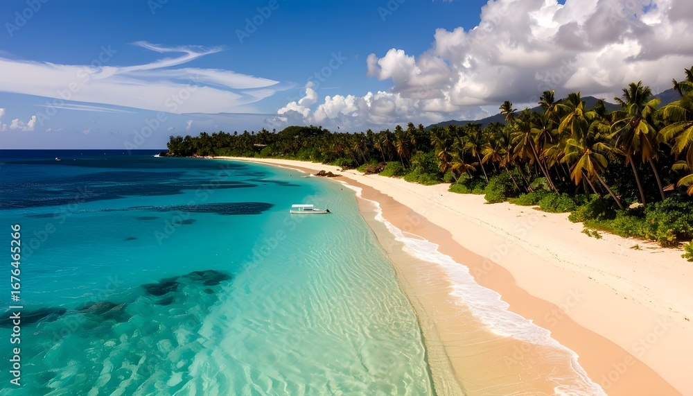 Fototapeta premium Tropical Paradise A Serene Beach with Turquoise Waters and Lush Green Palms Under a Blue Sky