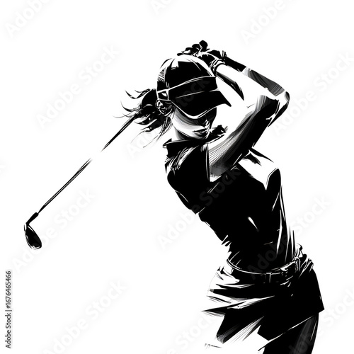 Abstract female golfer swinging, power and precision.