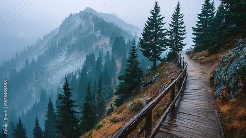 Nature adventure travel concept: serene forest setting with a traveler entering the unknown via rustic footbridge  