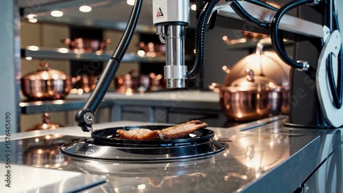 Robotic arm skillfully cooking a steak in a modern, high tech kitchen, highlighting automation's role in culinary arts and transforming the food preparation landscape with precision and efficiency