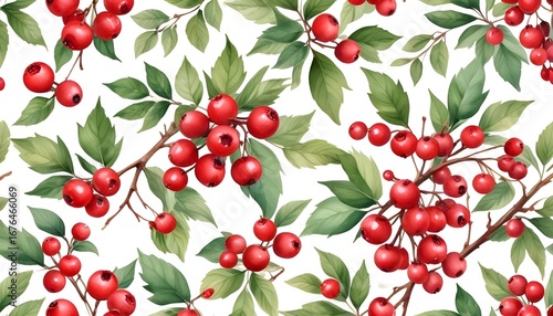 Seamless watercolor pattern featuring red berries and green leaves on a white background, perfect for festive decor
