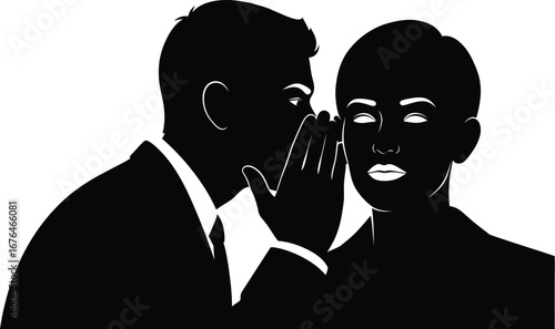Man whispering secret gossip to woman black and white illustration