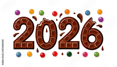 Festive confectionery style 2026 lettering crafted with melting chocolate, scattered candies and delicious bite marks