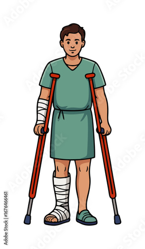 Recovery themed scene of patient upright with crutches, one leg and arm bandaged in white plaster cast