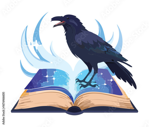  Wise Black Raven Holding an Open Book with Pages Turning, Representing Knowledge
