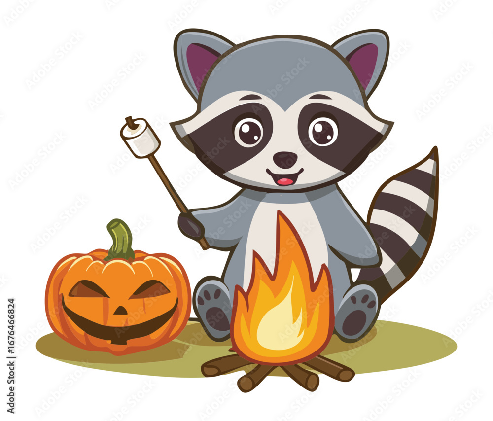 Obraz premium Raccoon Roasting Marshmallows Over a Campfire with Pumpkins, Enjoying an Autumn Evening