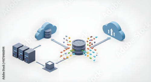 Data transfer between servers and cloud storage on white background