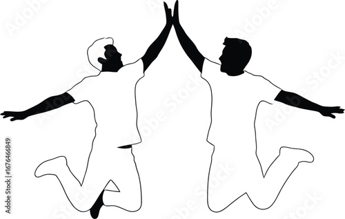Two friends jumping high five silhouette success celebration joy