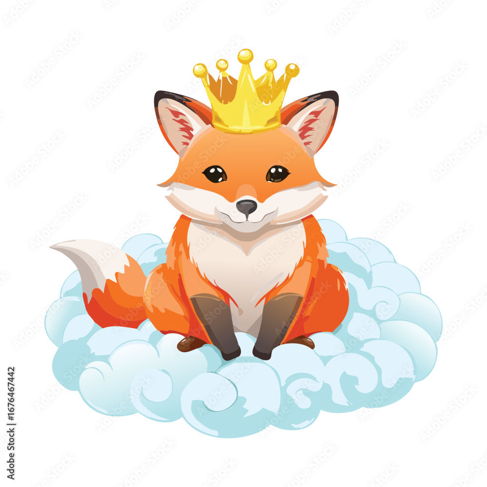Obraz premium Adorable fox character sitting on a fluffy cloud, a sweet and gentle illustration