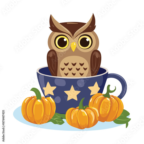 Smiling owl character sitting in a blue and yellow teacup with festive Halloween pumpkins