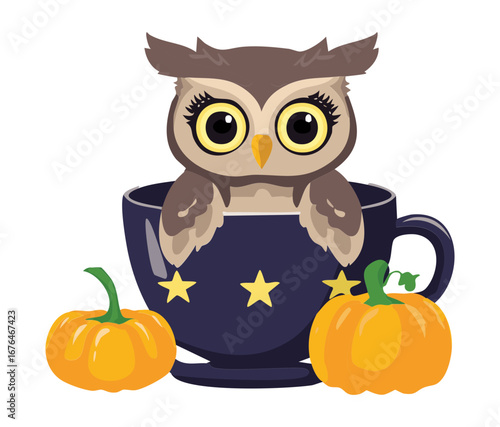 Adorable owl character sitting in a decorative teacup surrounded by pumpkins, a cozy autumn illustration