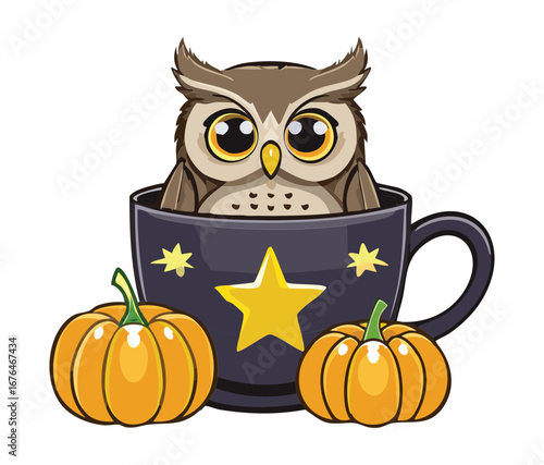 Whimsical owl character sitting in a blue and gold teacup filled with Halloween pumpkins