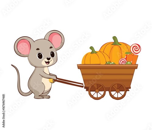 Cheerful mouse character pulling a wagon full of pumpkins, ready for a fall harvest festival

