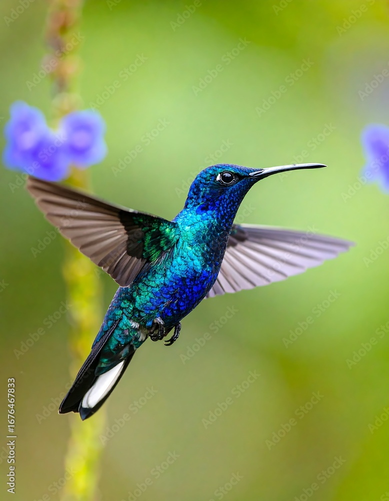 Obraz premium Vibrant hummingbird in flight, wings spread, near purple flowers, blurred green background