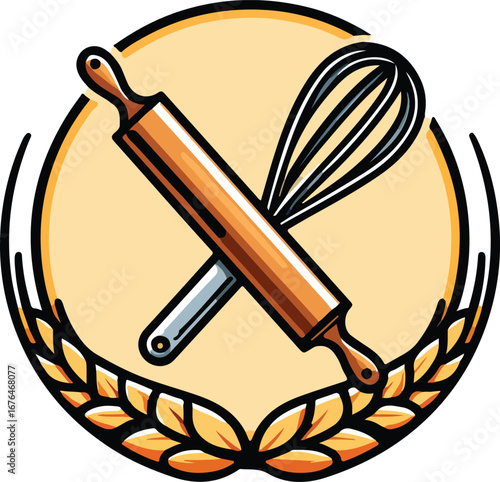 Baking logo with crossed rolling pin and whisk surrounded by wheat stalks within a circular frame bakery EPS vector file download