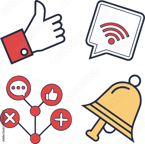 Social Media and Communication Icons – Modern Flat Design with Notification, Like, and Network Symbols