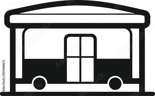 Black and white graphic icon of a simple tram or streetcar with two doors and two wheels on a white background EPS vector file download