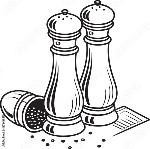 Hand-Drawn Salt and Pepper Mills with Spilled Pepper – Vintage Kitchen Spice Illustration