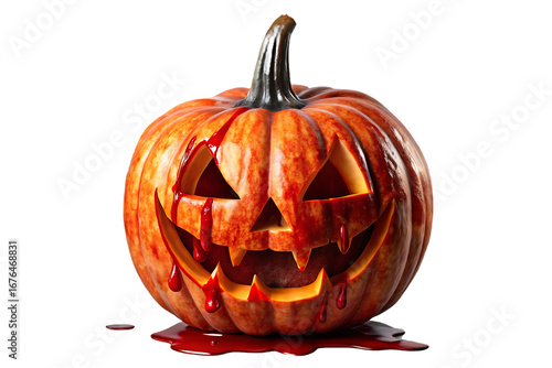 Carved Halloween pumpkin jack-o'-lantern with menacing face and red blood dripping down sides, isolated on a transparent background