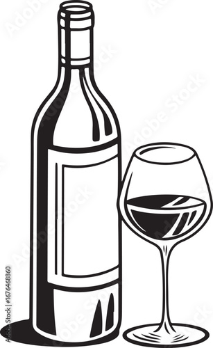 Black and White Wine Bottle and Glass Illustration – Elegant Wine Serving Concept