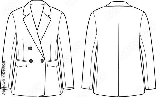 CAD drawing flat vector illustration, double breasted women’s blazer front and back fashion sketch, jacket technical design template.