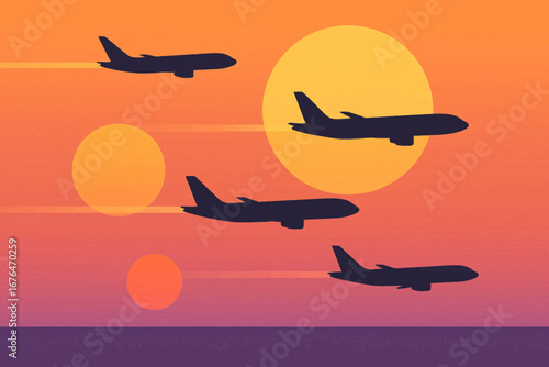 A fleet of passenger jets silhouetted against a vibrant triple sun sunset on an alien planet, symbolizing futuristic travel and exploration