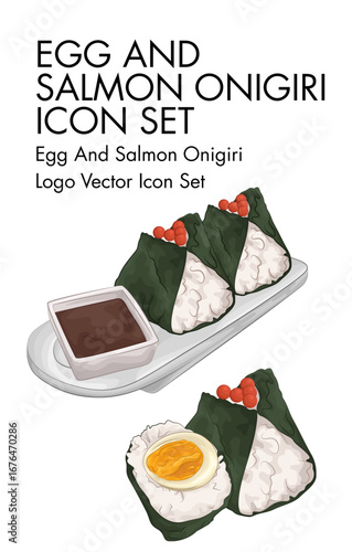 Egg and salmon onigiri Logo vector Icon set