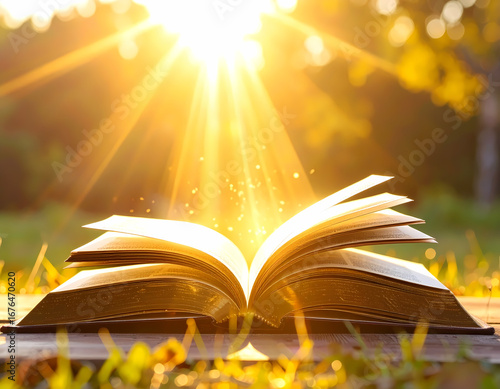 Open book in sunlight for reading and learning in nature background