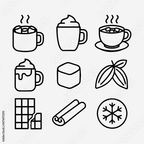 Hot Chocolate Icon Set Marshmallows Whipped Cream Cocoa Beans Cinnamon.