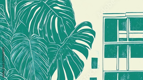 Modern botanical linocut print featuring monstera leaves and an architectural building