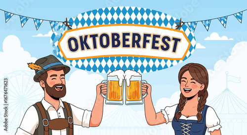 Cheerful vector of friends toasting at Oktoberfest. A man in lederhosen and a woman in a dirndl cheer with beer mugs, perfect for digital campaigns and ads.