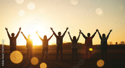 Silhouettes of seven people standing outdoors with raised arms during sunset