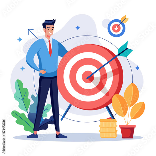 Man standing near target with arrow hitting the center