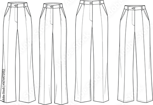 CAD drawing flat vector illustration of women’s tailored pants fashion design template, pleated, flat front, wide-leg formal trousers