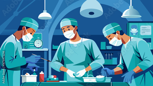Three surgeons performing an operation in a hospital