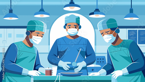 Three surgeons in scrubs performing an operation room
