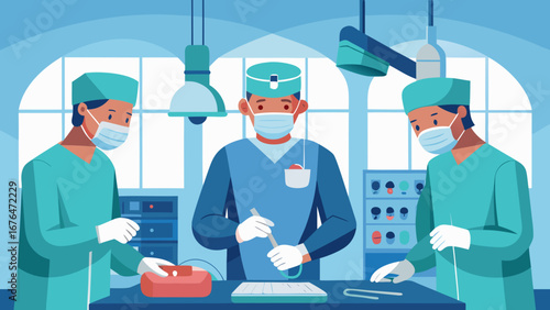 Three surgeons in operation room with surgical tools