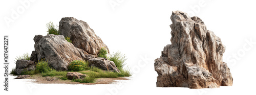 Two large rock formations with vegetation and grass isolated on transparent background.