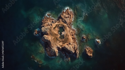 Aerial view of a rocky island with a hidden lagoon surrounded by turquoise waters creating a