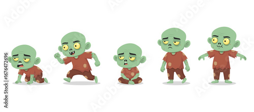 Set a cute zombie isolated on a white background. Collection of zombies. Happy Halloween. Ghosts can walk. Funny, scary demon. Dead creatures revive. Flat cartoon style. Vector illustration