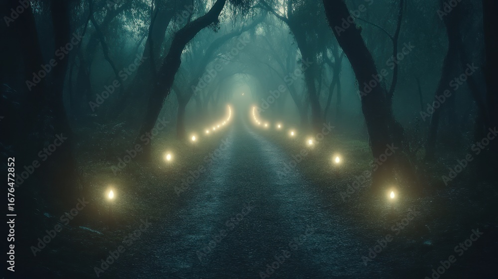 Obraz premium Mysterious illuminated pathway through a dark forest creating an enchanting atmosphere