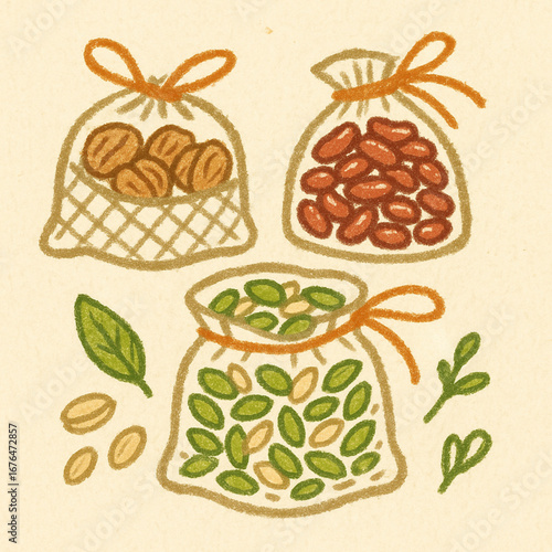 Crayon illustration of reusable bags with nuts and seeds