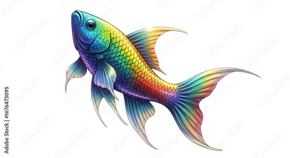 Fototapeta premium Vibrant rainbow fish swims gracefully against a stark artwork