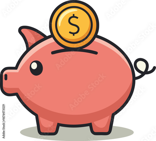 Cartoon Pink Piggy Bank with Golden Dollar Coin Slot and Coin on White Background money saving EPS vector file download